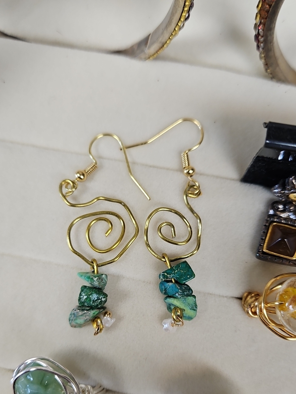 Handcrafted Gold Spiral Earrings with Green turquoise Stone Chips